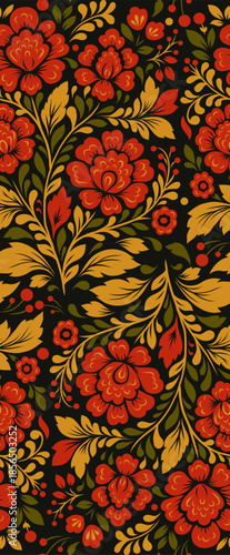 Vector national decorative floral pattern. Slavic ornament with red flowers on a black background
