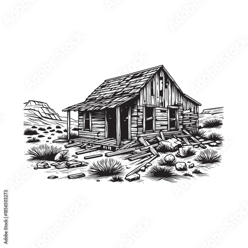 Old West Homestead Cabin with Mountain Landscape – Black and White Engraving