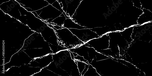 Abstract black marble texture with natural white lightning-like veins, cracked stone pattern, high contrast dark background, luxury surface design ideal for modern interiors, wallpaper, and background
