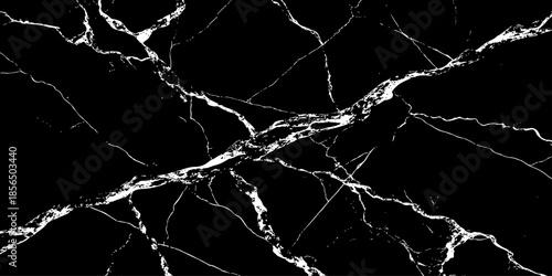 Abstract black marble texture with natural white lightning-like veins, cracked stone pattern, high contrast dark background, luxury surface design ideal for modern interiors, wallpaper, and background