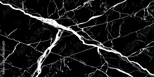 Abstract black marble texture with natural white lightning-like veins, cracked stone pattern, high contrast dark background, luxury surface design ideal for modern interiors, wallpaper, and background