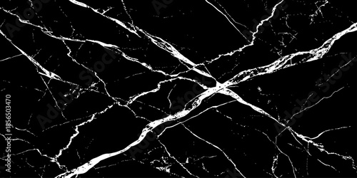 Abstract black marble texture with natural white lightning-like veins, cracked stone pattern, high contrast dark background, luxury surface design ideal for modern interiors, wallpaper, and background