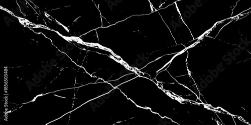 Abstract black marble texture with natural white lightning-like veins, cracked stone pattern, high contrast dark background, luxury surface design ideal for modern interiors, wallpaper, and background