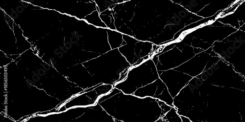 Abstract black marble texture with natural white lightning-like veins, cracked stone pattern, high contrast dark background, luxury surface design ideal for modern interiors, wallpaper, and background