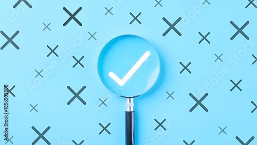 Blue magnifying glass with glowing checkmark amid scattered X marks, verification concept