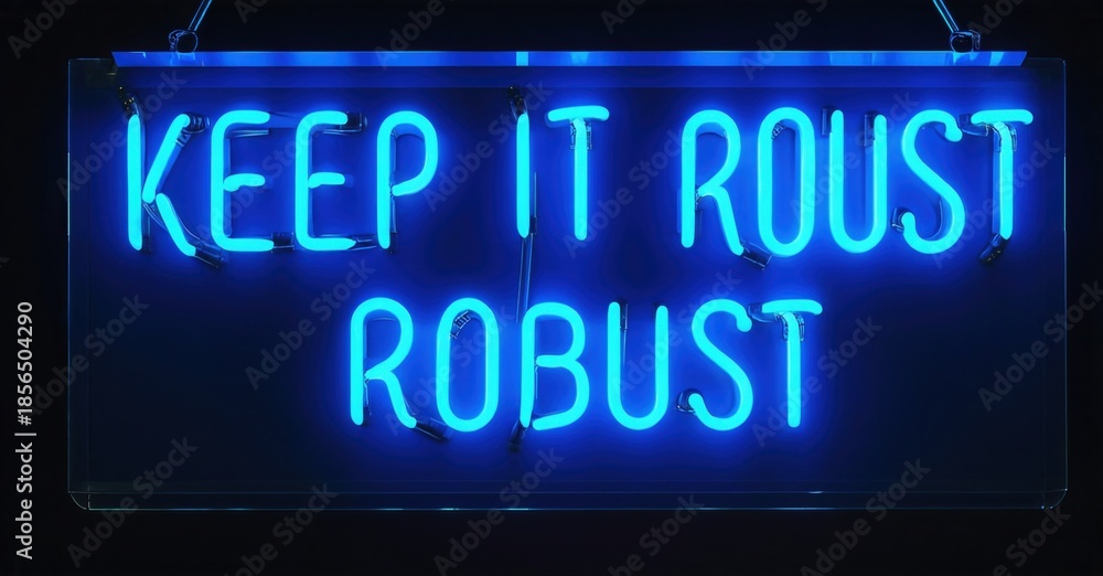 Fototapeta premium Bright blue neon sign displays text. Words keep it roust robust illuminate dark background. Simple, modern design.