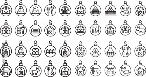 line icons of farm and agriculture related objects in hanging ornaments