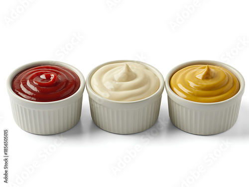 Three ramekins filled with ketchup, mayonnaise, and mustard isolated on white background
