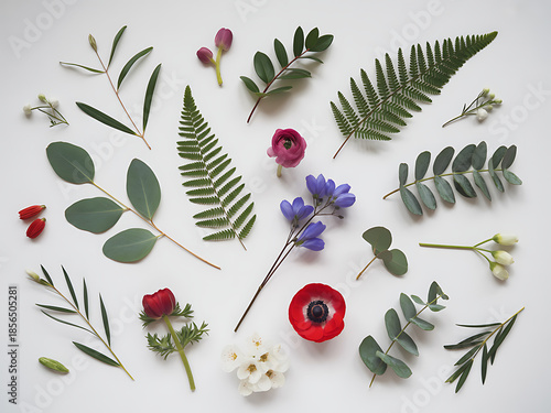 Assortment of fresh green leaves and delicate flowers isolated on white background