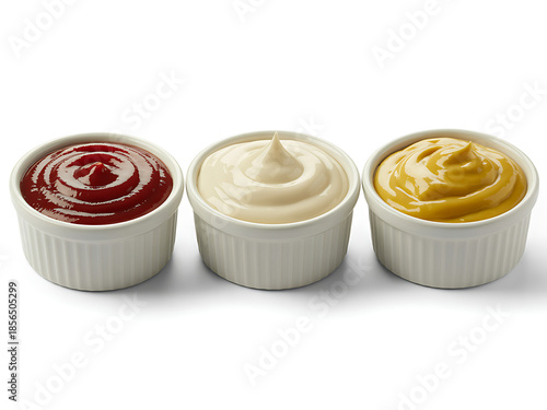 Three ramekins of condiments ketchup, mayonnaise, and mustard isolated on white background