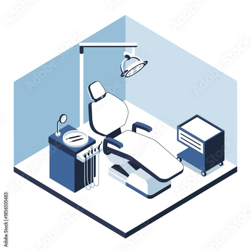Isometric illustration of a modern dental office examination room with chair, light, and equipment.