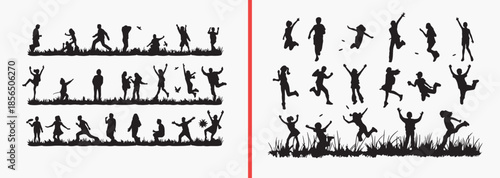 kids playing silhouettes, children activity clipart, playful kids poses, child movement illustration, outdoor kids games, black white kids clipart, printable children silhouettes, playground action pa