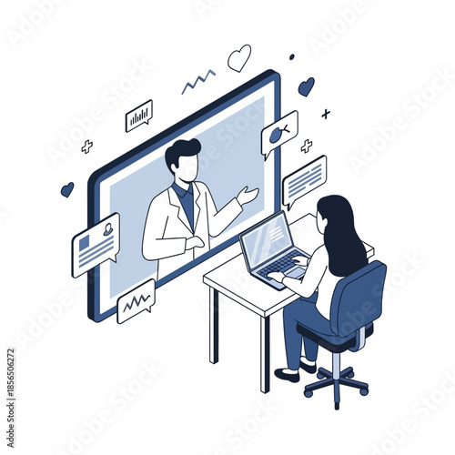 Isometric illustration of a woman having an online medical consultation with a doctor on a large screen, using her laptop at a desk.