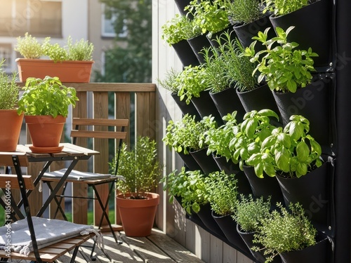 Vertical garden on balcony with potted plants and outdoor furniture