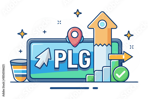 PLG Concept Illustrated: A stylized digital tablet showcases the concept of PLG (Product Led Growth), complete with directional cues and elements of success.