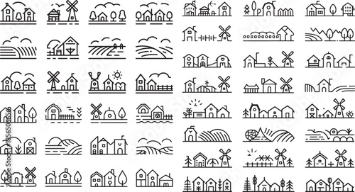 Line icons of rural landscapes and farm buildings in simple minimalist style