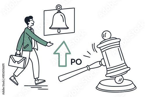 Legal Proceedings concept: A conceptual illustration depicting the path of a business person navigating through a legal process. Starting with an alert bell and moving to the gavel of justice.