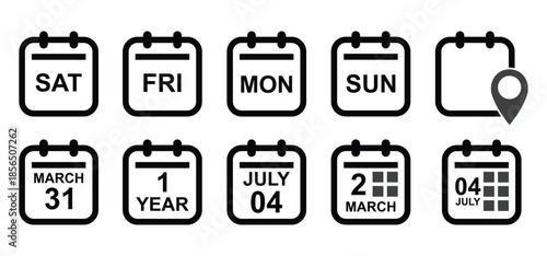 A set of calendar icon logos, diary symbols, containing schedule, date, agenda, event, month, and week icons. Black and white vector design.