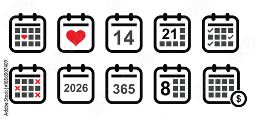 A set of calendar icon logos, diary symbols, containing schedule, date, agenda, event, month, and week icons. Black and white vector design.