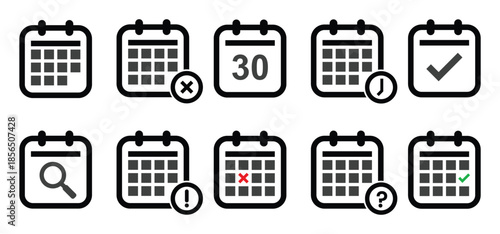 A set of calendar icon logos, diary symbols, containing schedule, date, agenda, event, month, and week icons. Black and white vector design.