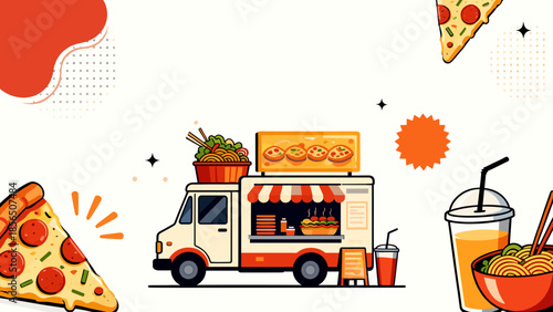 Food truck serving pizza and snacks on bright background  