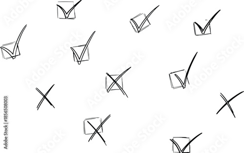 Checkmarks and x s scattered on white background