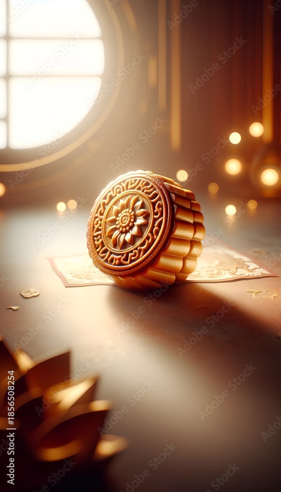 Obraz premium Cinematic golden mooncake with elegant floral pattern and warm glowing light, luxury Asian festival food concept for branding and product design.