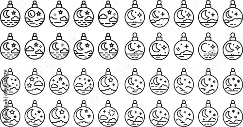 Many Christmas baubles with moon and star designs on white