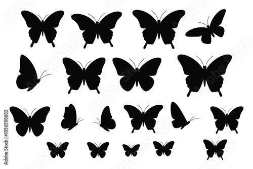 Butterfly silhouette collection featuring diverse black flying butterflies and moth icons, detailed vector insect shapes, ideal for branding, logo creation