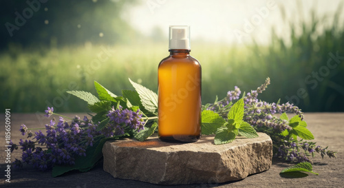 Botanical Skincare Oil Mockup With Lavender And Chamomile Herbs.