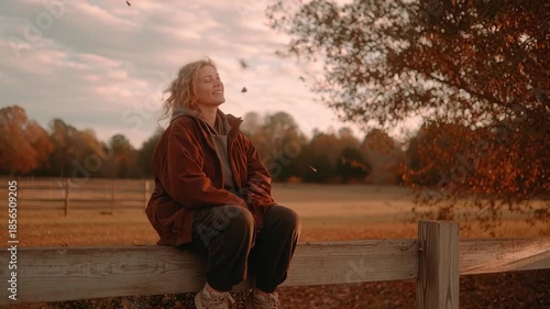 Rural global health woman sitting wooden fence watching autumn sky with warm thoughtful expression young woman sitting wooden fence rural global