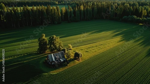 Rural global health countryside farmhouse field sunset sunlight peaceful landscape warming green trees creating serene rural mood