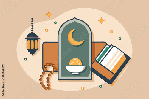 Serene Ramadan illustration with crescent moon, glowing lantern, prayer beads, tea bowl, and decorative cards, symbolizing spirituality, warmth, and family togetherness in a cozy home setting.