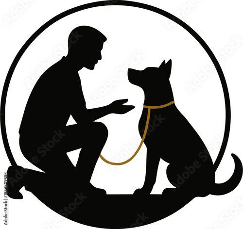 Silhouette of a man with his dog outdoor bond between man and pet, emotional animal friendship vector illustration.