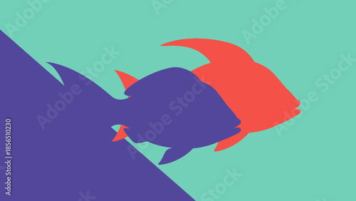 Two stylized fish silhouettes, one red and one blue, swim towards the upper right corner on a turquoise background
