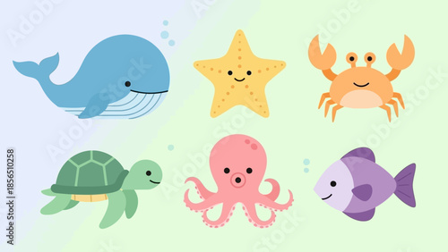 Cute Cartoon Sea Creatures Illustration Featuring Whale, Starfish, Crab, Turtle, Octopus, and Fish on a Gradient Background
