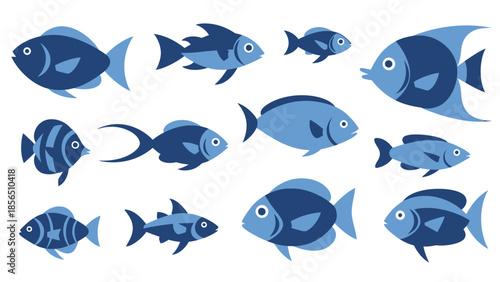Collection of diverse blue fish illustrations, depicting various aquatic species in a stylized, cartoonish design for creative projects