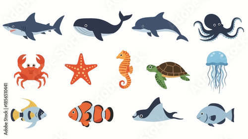 Collection of diverse marine life illustrations including sharks, whales, dolphins, octopuses, crabs, starfish, seahorses, turtles, jellyfish, fish, and rays