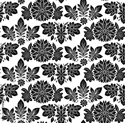 Vector seamless pattern with decorative black flowers and leaves on white background. Monochrome tracery folk art ornamental style