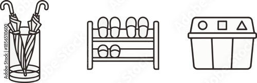 Home Entryway Organization Line Art Icon Set. Umbrella Stand, Shoe Rack, and Recycle Bin.