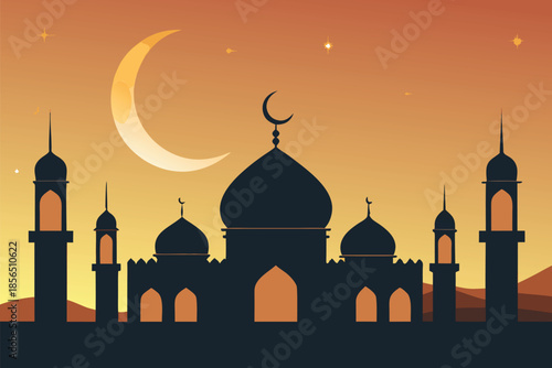 A dramatic silhouette of a grand mosque with multiple domes and minarets against a warm sunset. Crescent moon overhead evokes peace, spirituality, and cultural heritage in a desert skyline.