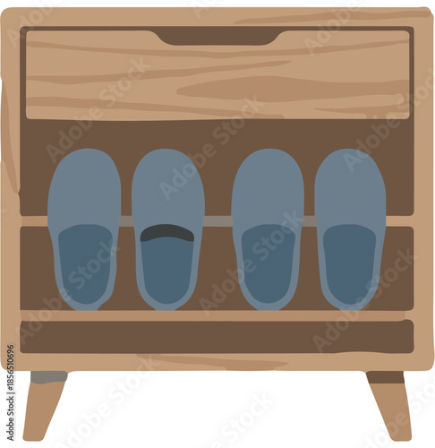 Cute Wooden Shoe Cabinet Vector Illustration. Entryway Furniture with Slippers.
