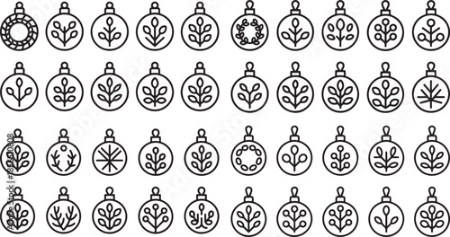 set of black Christmas ornaments with various designs on white