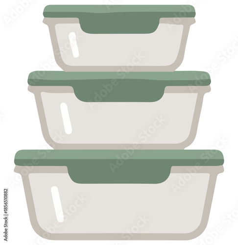 Cute Stacked Food Storage Containers Vector Icon. Meal Prep Boxes with Green Lids.