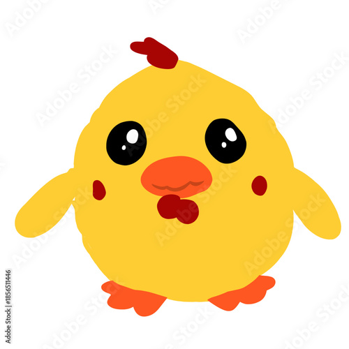 Cute hand-drawn yellow chick illustration with big expressive eyes and a red comb, isolated on a white background