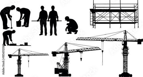 Construction Site Silhouettes Set with Workers Building Scaffolding Tower Cranes Industrial Engineering Machinery Vector Illustration for Professional Architecture Projects Design