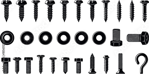 Detailed Black and White Vector Illustration of Various Industrial Screws Bolts Washers Fasteners Hardware and Metal Fixing Equipment for DIY Projects