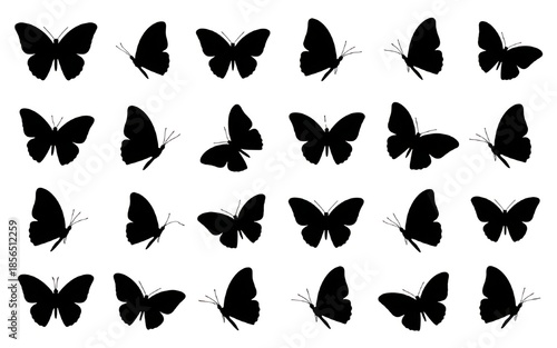 A clean vector illustration showing a collection of black butterfly silhouettes flying in a natural and elegant pattern