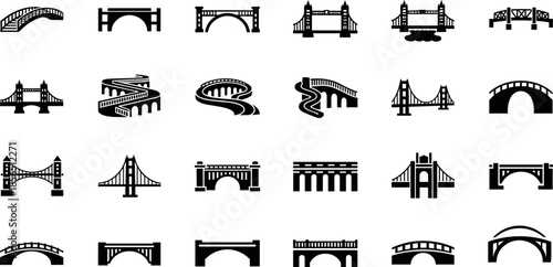 Professional Collection of Bridge Icons and Vector Silhouettes Featuring Suspension Arch Truss and Landmark Infrastructure Designs for Construction and Travel
