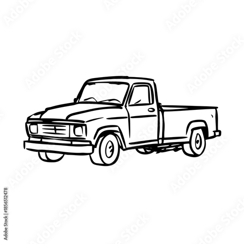 Monochromatic pickup truck sketch. Classic outline drawing shows side profile, cabin, cargo bed, wheels. Hand drawn pickup truck sketch serves design element.